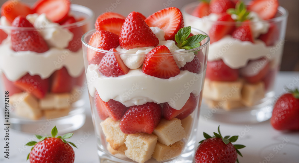 Strawberry pudding and vanilla cream in a glass Strawberry pudding and vanilla cream in a glass