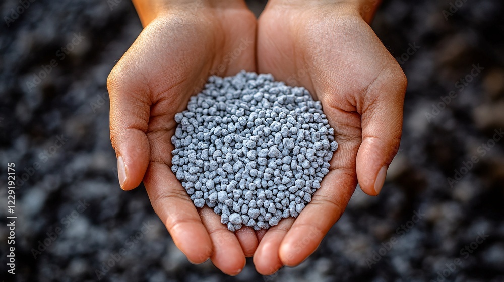 Hands gently cradling grey biodegradable plastic pellets, showcasing environmentally responsible material innovations for a greener, sustainable future. Hands gently cradling grey biodegradable plastic pellets, showcasing environmentally responsible material innovations for a greener, sustainable future.