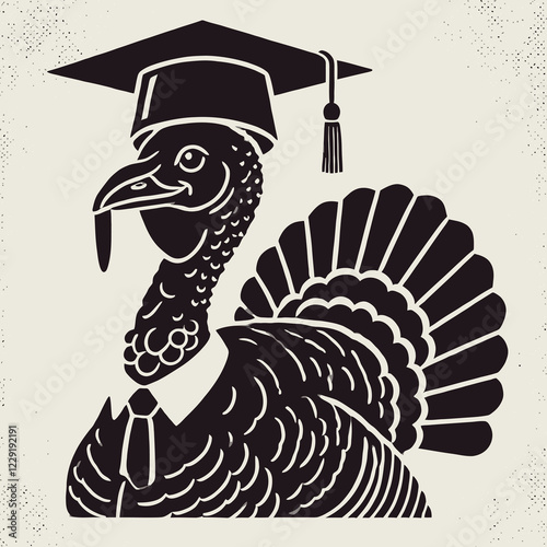 A whimsical illustration of a turkey wearing a graduation cap and bow tie, blending academic achievement with Thanksgiving themes. photo