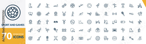 outline sport and games icons set. editable linear stretching, jet surfing, drift car, and other 67 icons in this category isolated on transparent background.