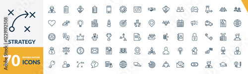 outline strategy icons set. editable linear planning, deal, list, and other 67 icons in this category isolated on transparent background.