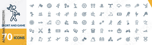 outline sport and game icons set. editable linear chequered flag, gym ball, ice skating, and other 67 icons in this category isolated on transparent background.