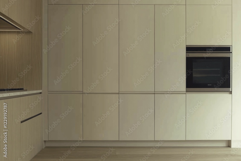 Sleek kitchen with beige cabinets and built-in oven in a minimalist design, AI generated Sleek kitchen with beige cabinets and built-in oven in a minimalist design, AI generated