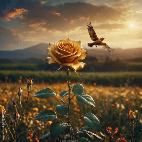 A golden rose growing in a magical meadow, with a phoenix flying above it.