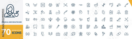 outline medical and healthcare icons set. editable linear united heterosexual, eye scanner medical, biological warning, and other 67 icons in this category isolated on transparent background.