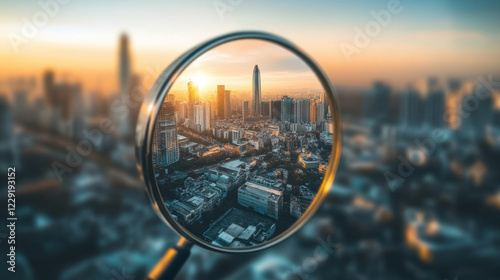 magnifying glass focuses on city skyline at sunset, showcasing modern architecture and vibrant colors. scene captures essence of urban life and exploration