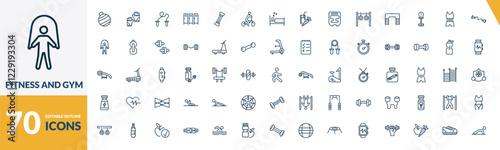 outline fitness and gym icons set. editable linear fitness gloves, skipping rope, locker, and other 67 icons in this category isolated on transparent background.