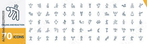 outline feeling and reaction icons set. editable linear exhausted human, hurt human, guilty human, and other 67 icons in this category isolated on transparent background.
