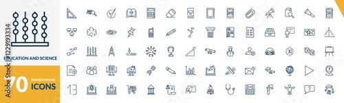 outline education and science icons set. editable linear research with books, check mark, audiobook, and other 67 icons in this category isolated on transparent background.