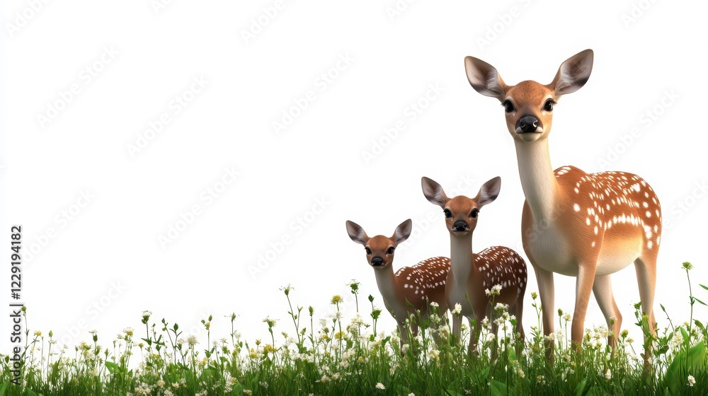 Three Cute Fawns Standing in Green Grass Under Bright Sky Three Cute Fawns Standing in Green Grass Under Bright Sky