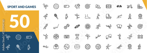 outline sport and games icons set. editable linear gym ball, batter, home run, and other 47 icons in this category isolated on transparent background.