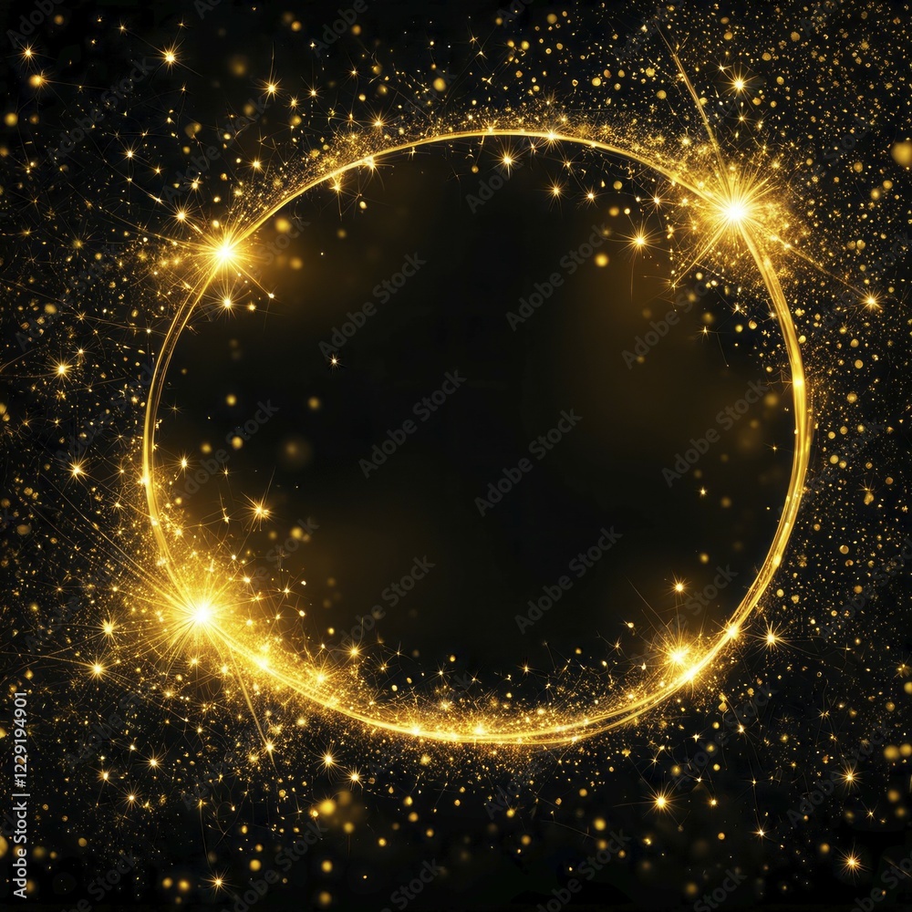 A circular golden ring of sparkles glowing against a dark backdrop, creating a festive and magical atmosphere, AI generated A circular golden ring of sparkles glowing against a dark backdrop, creating a festive and magical atmosphere, AI generated