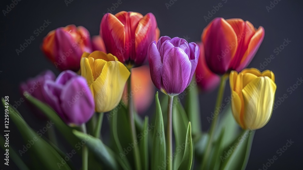 Softly lit multicolored tulips with green leaves against a dark background, AI generated Softly lit multicolored tulips with green leaves against a dark background, AI generated