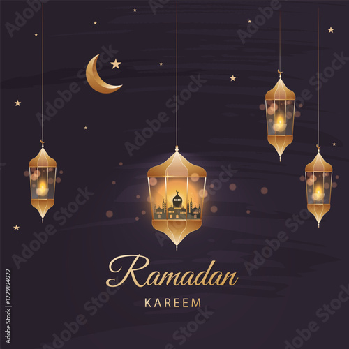 Wallpaper Mural Ramadan Kareem background for postcard, banner, fasting in Islamic style. With fanorim, mosque, stars. Vector Torontodigital.ca