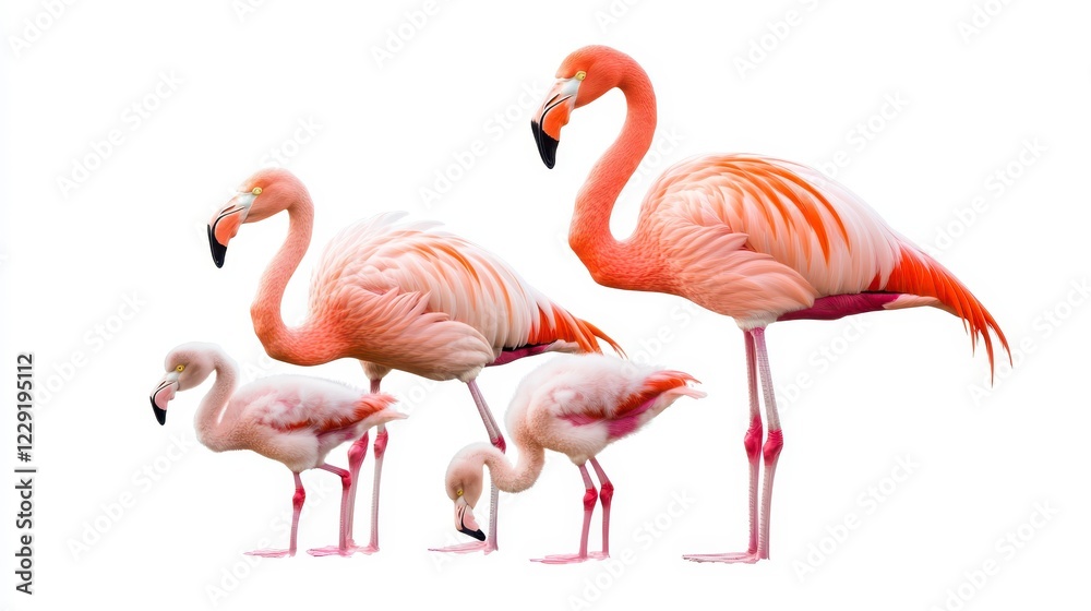 Graceful Flamingos in Various Sizes Against White Background Graceful Flamingos in Various Sizes Against White Background