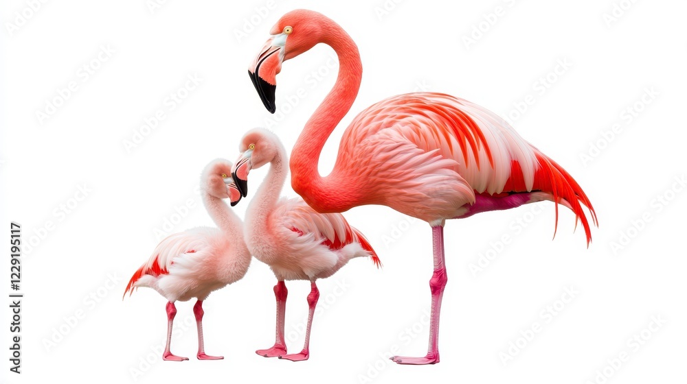 Fototapeta premium Elegant Flamingo Family Standing Gracefully on White Background
