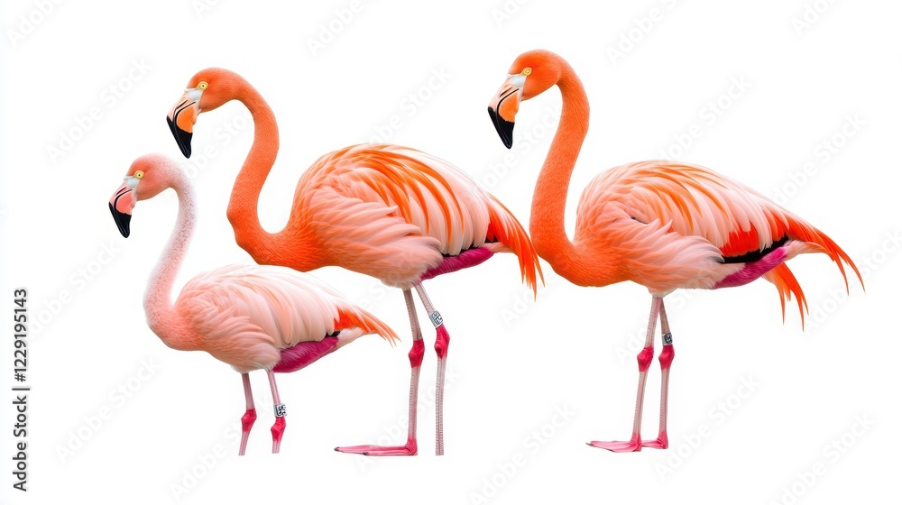 Elegant Pink Flamingos in Various Poses Against White Background Elegant Pink Flamingos in Various Poses Against White Background
