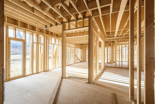 Unfinished interior of a prefabricated contemporary house. Construction site, building future home. Generative ai