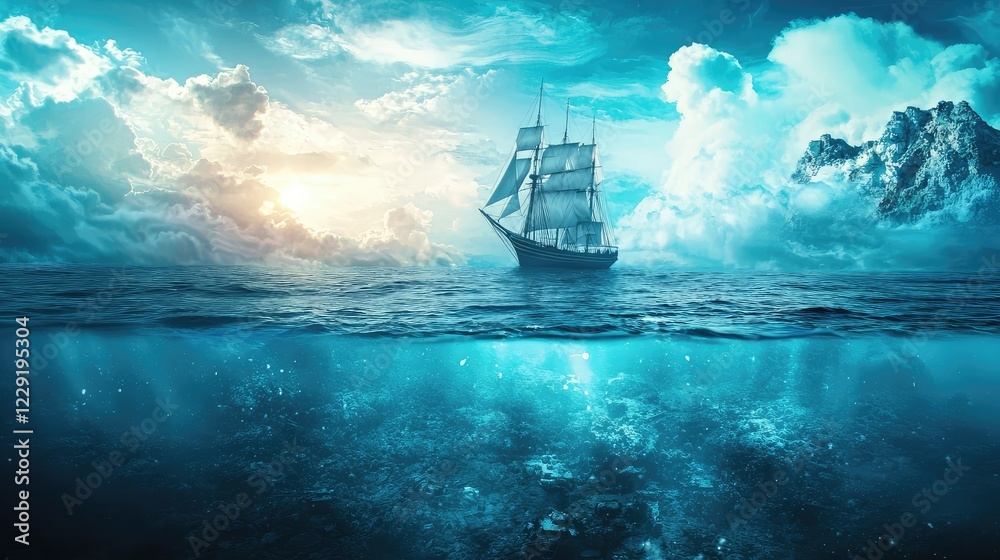 Obraz premium Majestic sailing ship in serene ocean under dramatic clouds