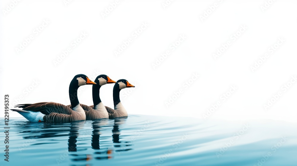 Fototapeta premium Three Geese Swimming Gracefully on Calm Water Surface