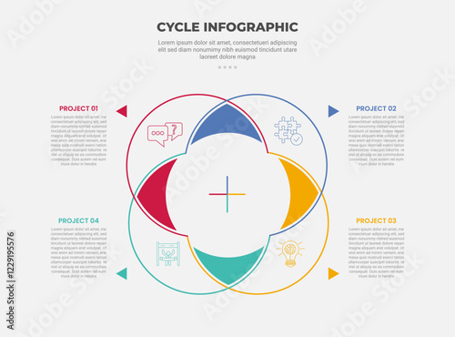 cycle base infographic outline style with 4 point template with round circle venn combination for slide presentation