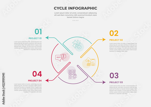cycle base infographic outline style with 4 point template with unbalance circle with arrow line direction for slide presentation