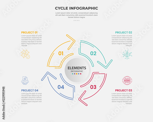cycle base infographic outline style with 4 point template with big circle and arrow line circular on center for slide presentation