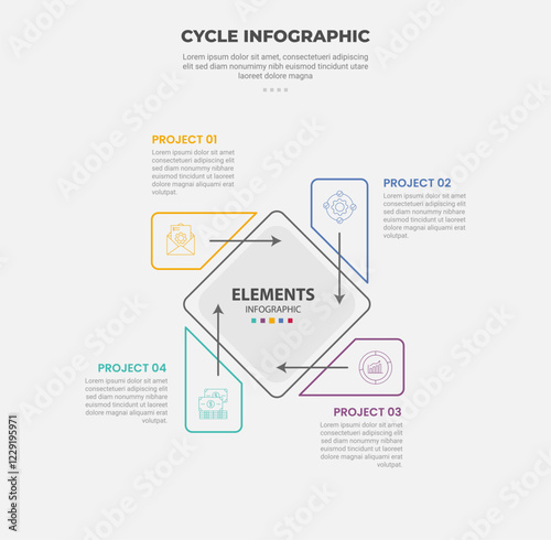cycle base infographic outline style with 4 point template with diamond base on center with arrow pointer direction for slide presentation