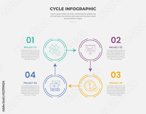 cycle base infographic outline style with 4 point template with circle square structure with arrow direction for slide presentation