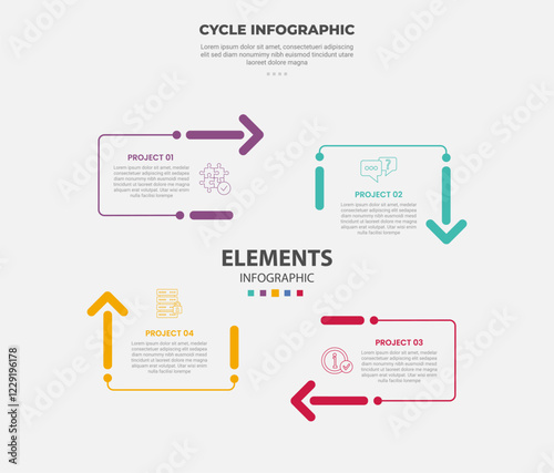 cycle base infographic outline style with 4 point template with creative open square with arrow circular direction for slide presentation