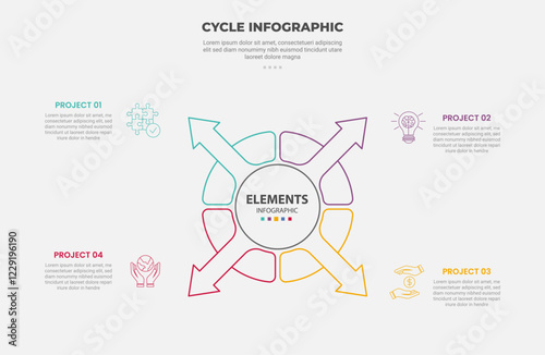 cycle base infographic outline style with 4 point template with big circle center with arrow spreading all direction for slide presentation