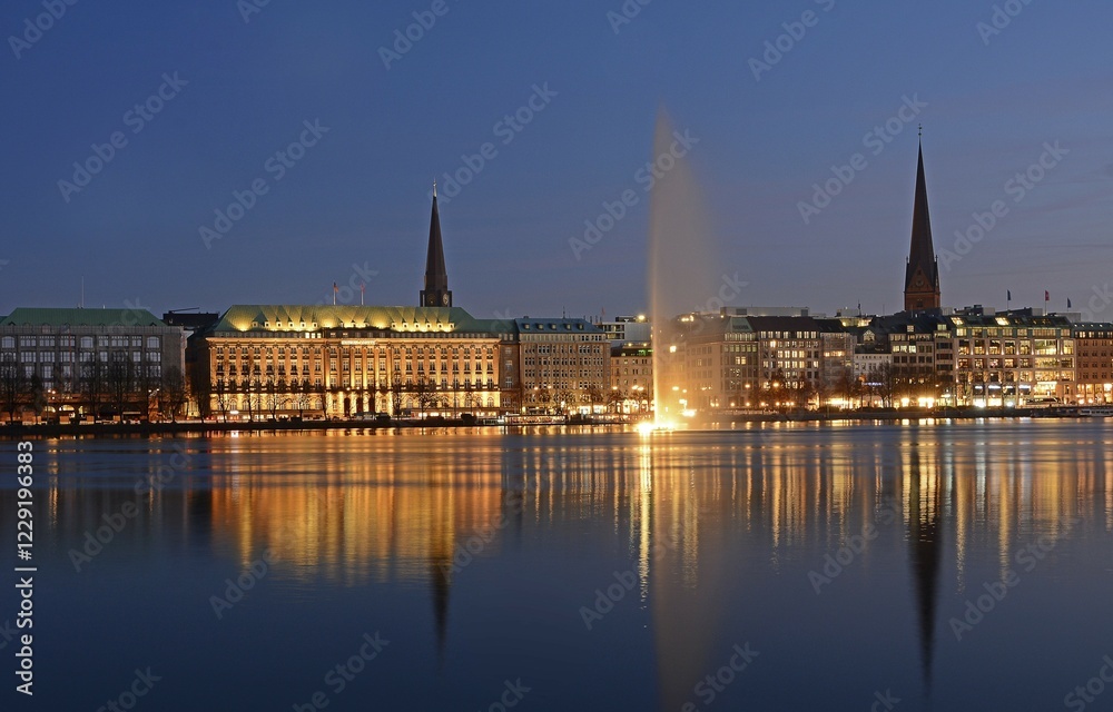 Inner Alster Lake with Alster fountain at the blue hour, Hamburg, Germany, Europe Inner Alster Lake with Alster fountain at the blue hour, Hamburg, Germany, Europe