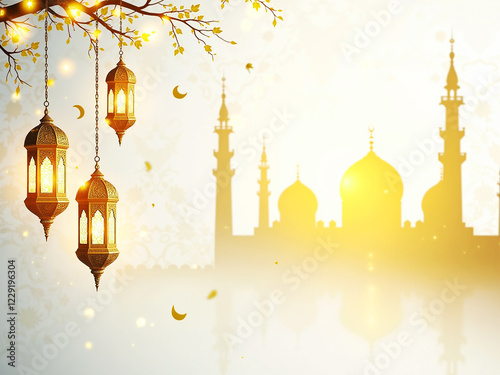 Golden Arabic Lanterns and Crescent Moons in Ramadan Background Digital Artwork photo