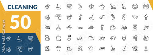 outline cleaning icons set. editable linear floor cleaner, wiping trash, toilet brush cleanin, and other 47 icons in this category isolated on transparent background.