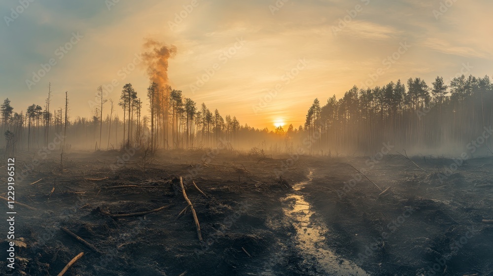 Obraz premium A serene forest landscape at sunset with smoke rising in a misty atmosphere. The beauty of nature is captured amidst environmental challenges.