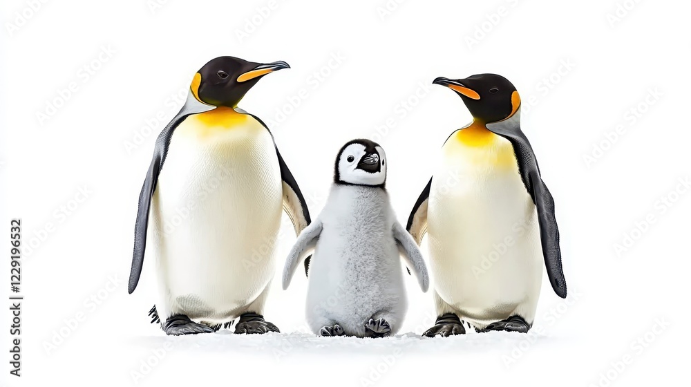 Fototapeta premium Adorable emperor penguin family with chick against white background