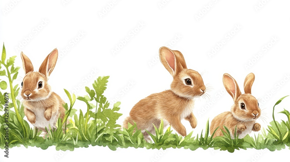 Obraz premium Playful Baby Rabbits Hopping Through Green Grass in Nature