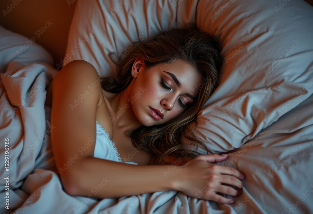 woman sleeping in bed with soft pillows and blanket woman sleeping in bed with soft pillows and blanket