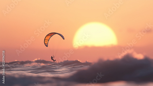 Kitesurfer Riding Waves at Sunset