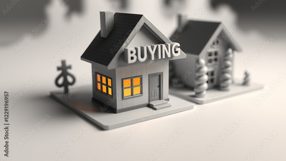 illustration of buying a house, miniature house with a buy sign illustration of buying a house, miniature house with a buy sign