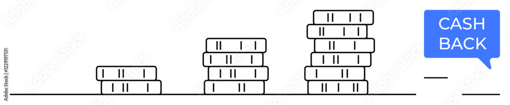 Stacked coins increasing in height with a speech bubble reading Cash Back. Ideal for financial growth, savings, investments, rewards programs, economic gain, money management, financial planning Stacked coins increasing in height with a speech bubble reading Cash Back. Ideal for financial growth, savings, investments, rewards programs, economic gain, money management, financial planning
