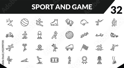 outline sport and game icons set. editable linear exercise ball, dancer motion, ice skates, and other 29 icons in this category isolated on transparent background.