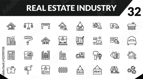 outline real estate industry icons set. editable linear juridical, bridges, agent, and other 29 icons in this category isolated on transparent background.