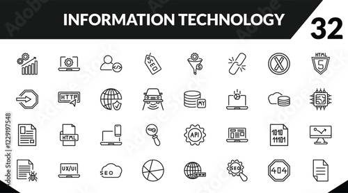 outline information technology icons set. editable linear software, developer, seo tags, and other 29 icons in this category isolated on transparent background.