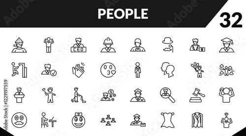 outline people icons set. editable linear success man happy, ceo man, architect, and other 29 icons in this category isolated on transparent background.
