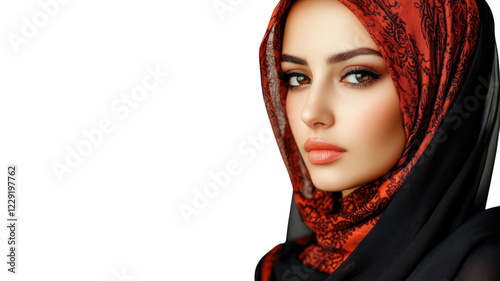 Young woman wearing a stylish hijab with intricate patterns depicts beauty and elegance in contemporary fashion