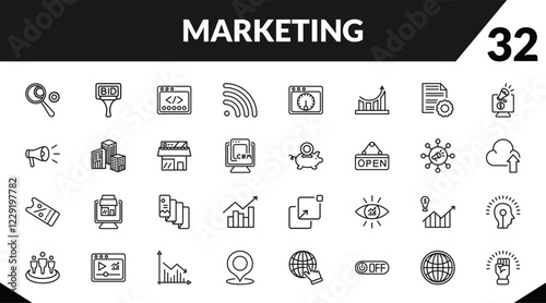 outline marketing icons set. editable linear bid, webcode, rss, and other 29 icons in this category isolated on transparent background.