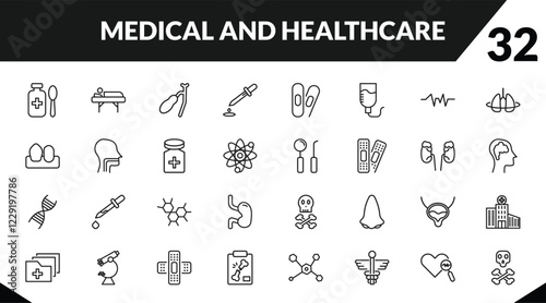 outline medical and healthcare icons set. editable linear illness on bed, gallbladder, dosage medical tool, and other 29 icons in this category isolated on transparent background.