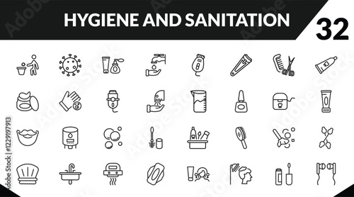 outline hygiene and sanitation icons set. editable linear pathogen, cosmetics, ablution, and other 29 icons in this category isolated on transparent background.