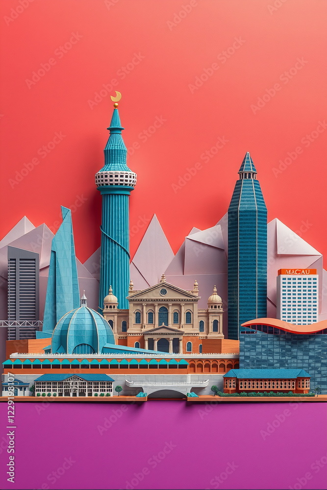 Obraz premium Macau city poster in origami style. Layered folded paper image with skyline, panorama, landmarks, casino for flyer, postcard, print